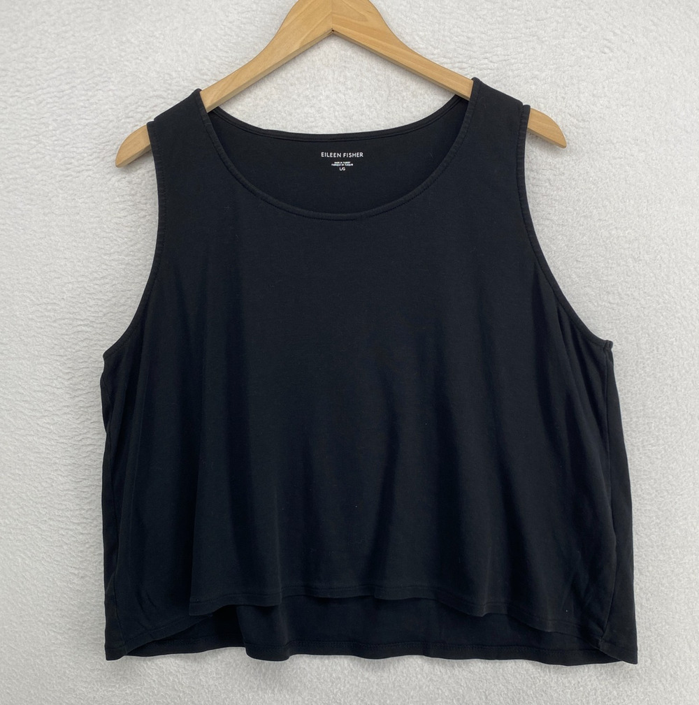 EILEEN FISHER Top L Organic Cotton Interlock Jersey Scoop Neck Shell Black